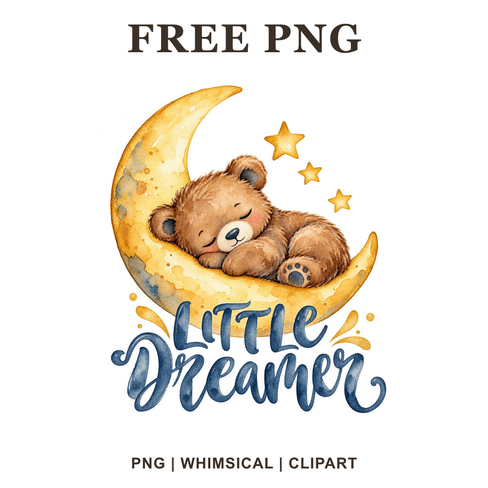 Brown teddy bear sleeping on a golden crescent moon with stars above Little Dreamer navy script lettering, free baby onesie PNG clipart preview.
