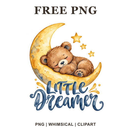 Brown teddy bear sleeping on a golden crescent moon with stars above Little Dreamer navy script lettering, free baby onesie PNG clipart preview.
