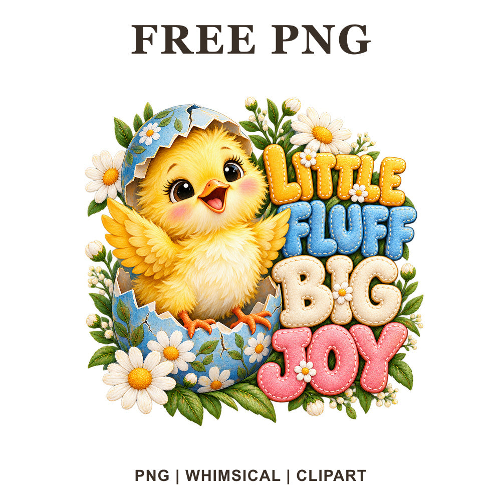 Yellow baby chick hatching from a blue floral egg with daisies beside Little Fluff Big Joy lettering, free PNG