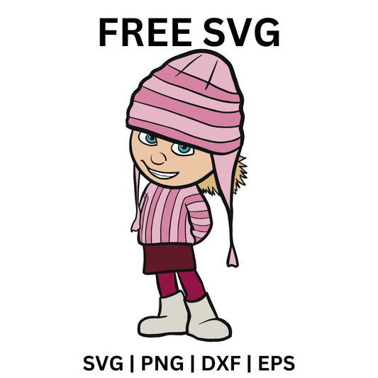 Little cartoon girl in a pink knit beanie, pink winter sweater, striped leggings and white boots standing shyly, free winter girl SVG cut file preview.