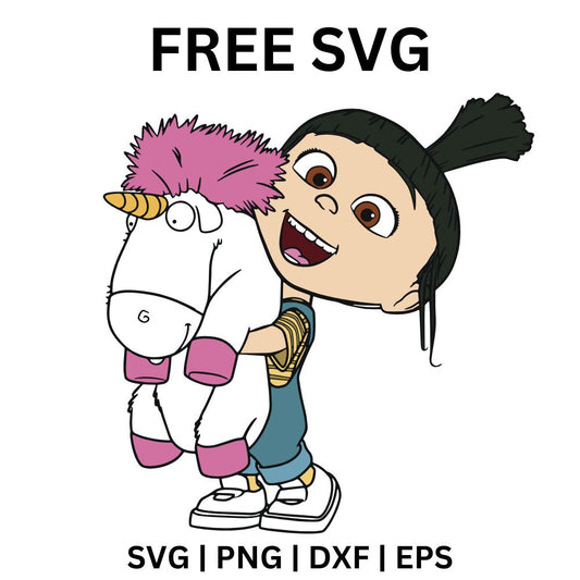 Happy little cartoon girl with a dark ponytail hugging a giant fluffy white unicorn plush with a pink mane, free unicorn hug SVG cut file preview.