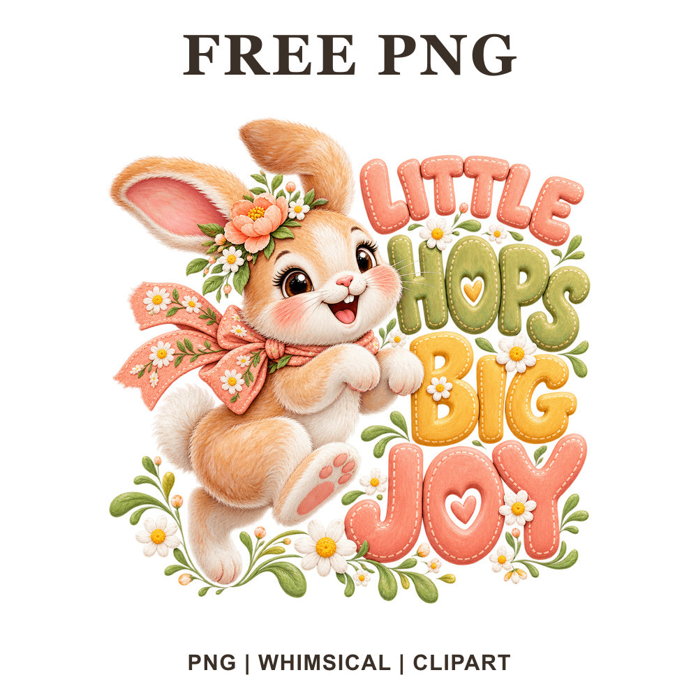 Hopping bunny with a flower crown and peach bow beside Little Hops Big Joy pink, green and orange lettering, free bunny PNG