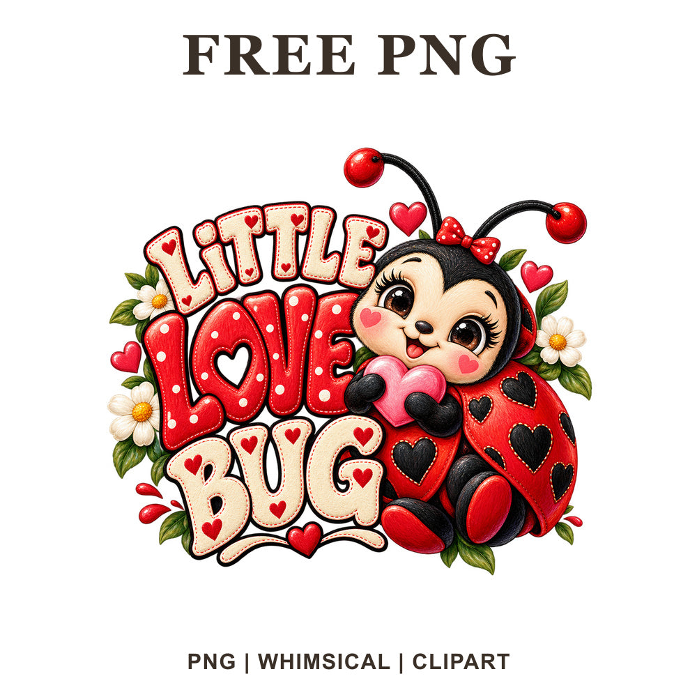Cute ladybug clipart holding a heart beside red Little Love Bug retro lettering with hearts and daisies, free Valentine PNG