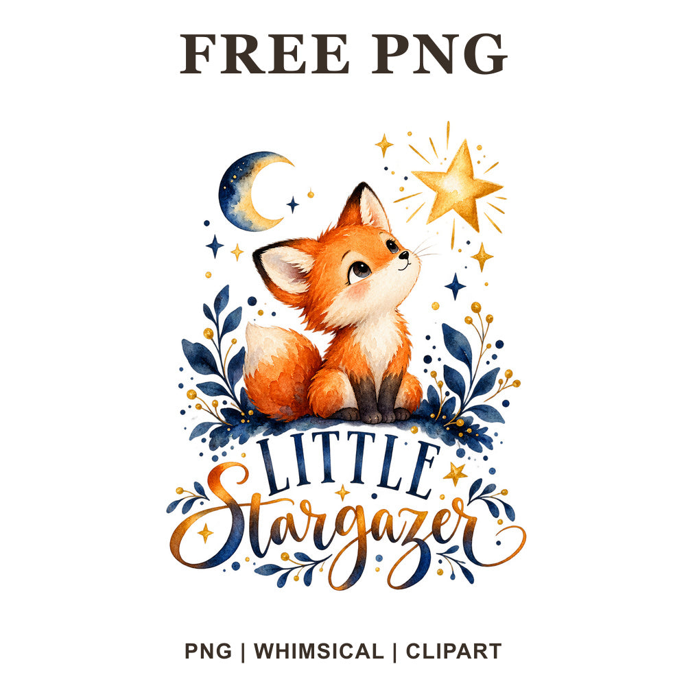 Baby fox looking up at a gold star and crescent moon among navy leaves above Little Stargazer lettering, free baby onesie PNG clipart preview.