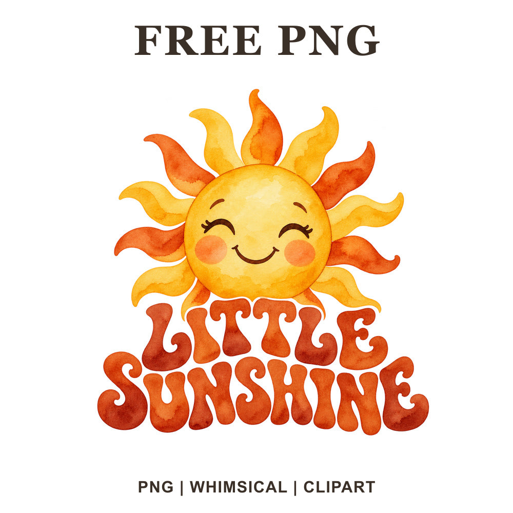 Smiling watercolor sun with orange and yellow rays above Little Sunshine retro bubble lettering, free baby onesie PNG clipart preview.