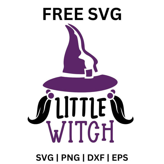 Purple witch hat over black Little and purple Witch lettering framed by two curly black pigtails, free little witch SVG cut file preview.