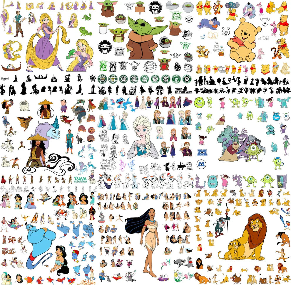 Collage of animated characters including a long-haired princess, a green space baby, a honey bear, an ice queen, furry monsters, a blue genie and a lion family, free animated characters bundle SVG cut file preview.