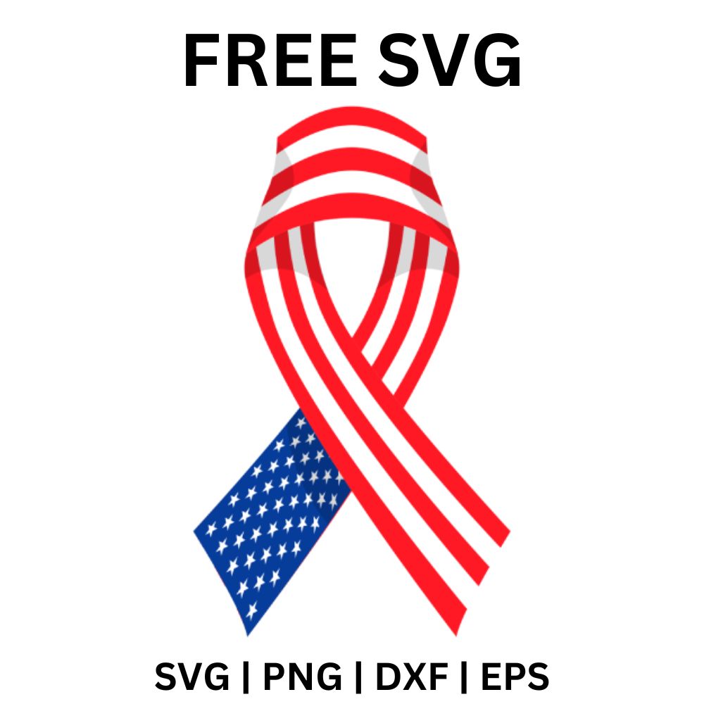 Looped awareness ribbon with red and white stripes on one side and a navy starred tail on the other, free patriotic ribbon SVG cut file preview.