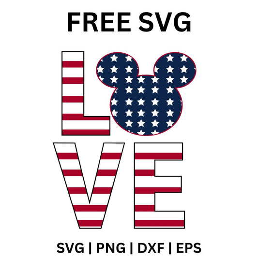 Stacked LOVE letters filled with stars and stripes where the O is a starry mouse ears head, free patriotic love SVG cut file preview.