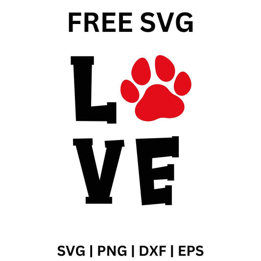 Bold black LOVE letters stacked in two rows with a red paw print as the O, free love paw print SVG cut file preview.