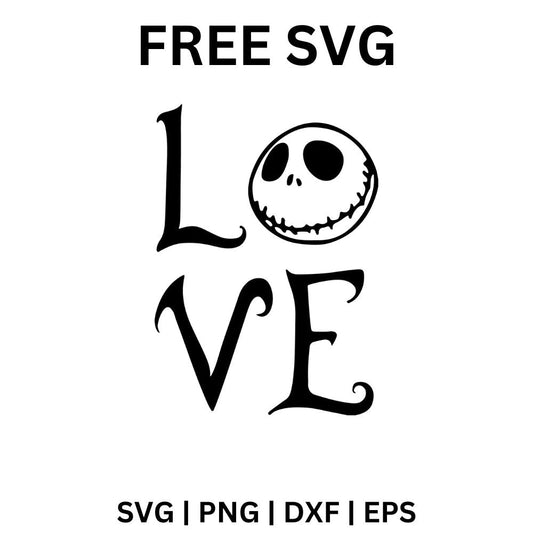 Stacked gothic LOVE letters with a grinning stitched skull face replacing the letter O, free Halloween love SVG cut file preview.
