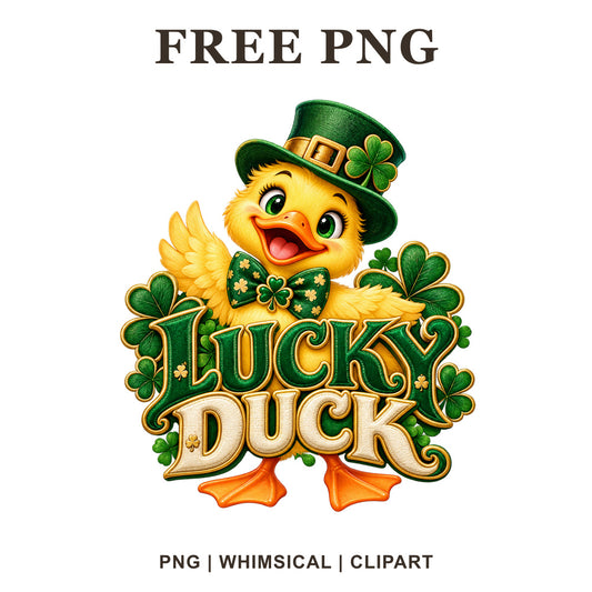 Yellow duckling in a green leprechaun hat and bow tie above Lucky Duck lettering with shamrocks, free St Patrick's Day duck PNG