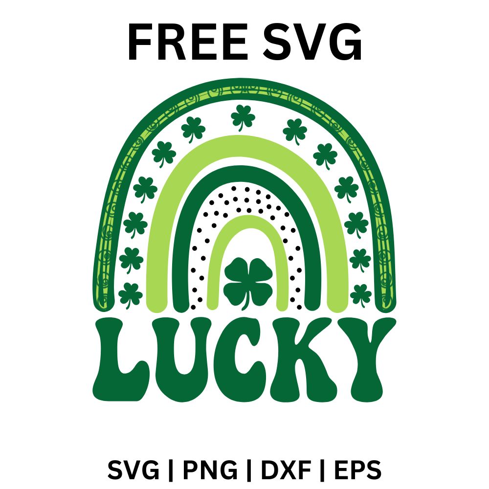 Green boho rainbow arches with shamrocks, polka dots and a clover in the center above retro LUCKY letters, free lucky rainbow St. Patrick's Day SVG cut file preview.