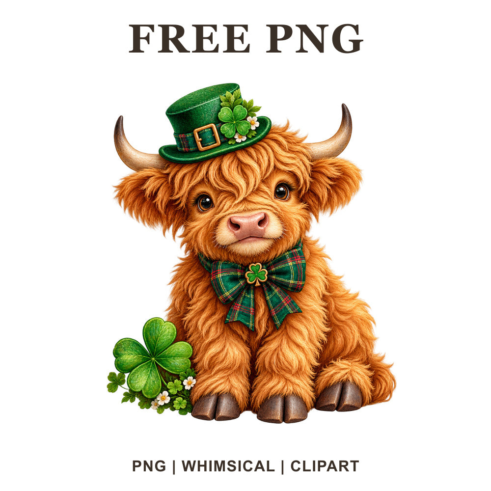 Fluffy ginger highland cow calf in a green leprechaun hat and plaid bow tie beside a four leaf clover, free St Patrick's Day highland cow PNG
