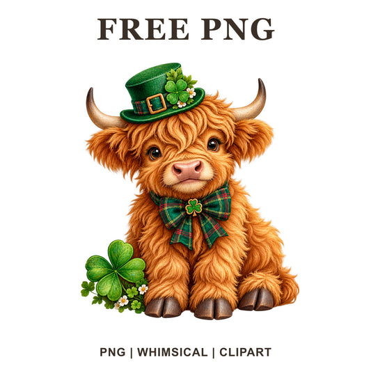 Fluffy ginger highland cow calf in a green leprechaun hat and plaid bow tie beside a four leaf clover, free St Patrick's Day highland cow PNG