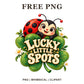 Cute ladybug clipart peeking over a green shamrock clover with Lucky Little Spots cream lettering, free St Patrick's Day PNG