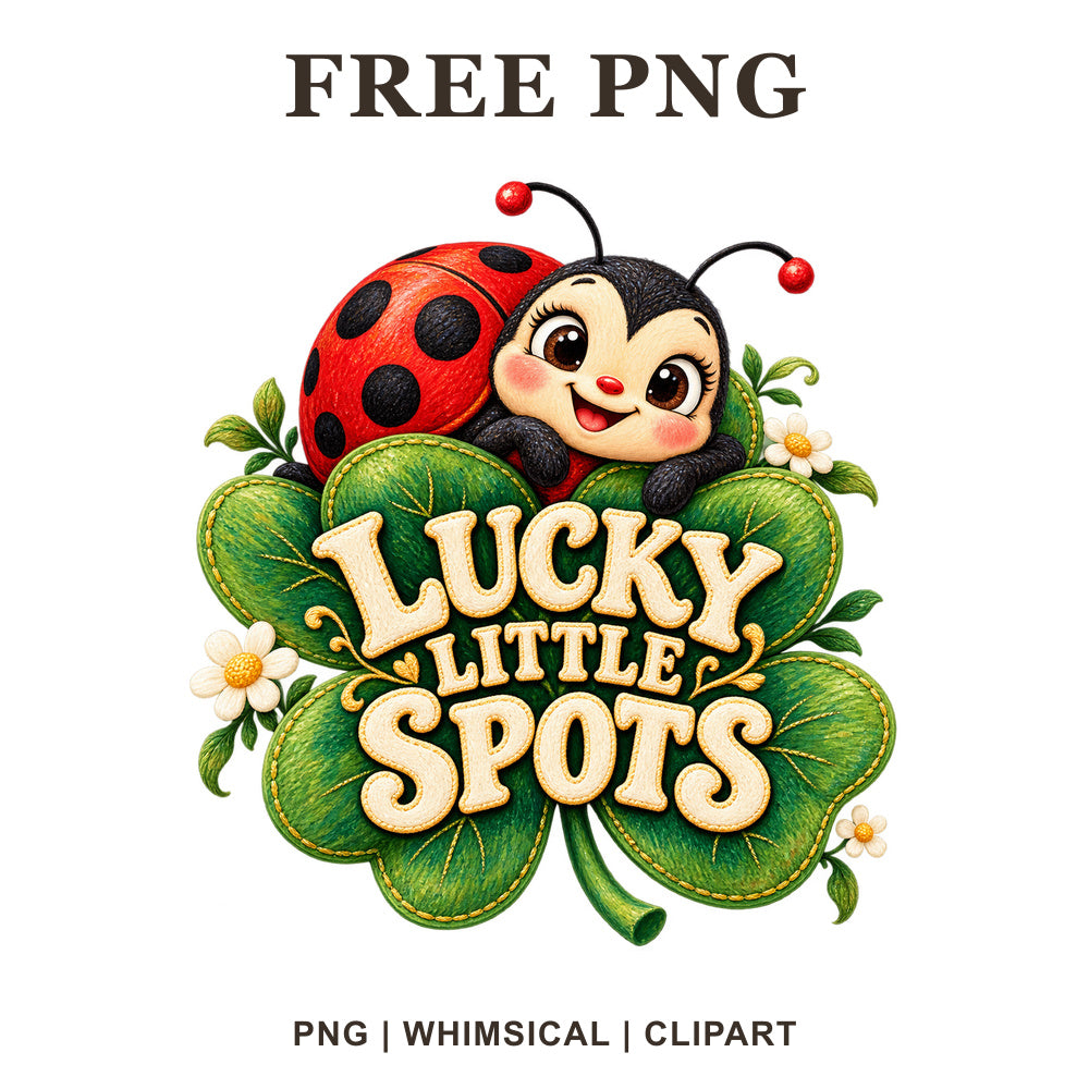 Cute ladybug clipart peeking over a green shamrock clover with Lucky Little Spots cream lettering, free St Patrick's Day PNG