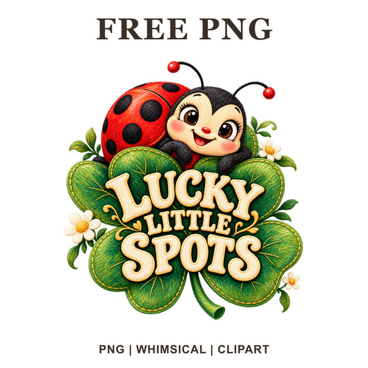 Cute ladybug clipart peeking over a green shamrock clover with Lucky Little Spots cream lettering, free St Patrick's Day PNG
