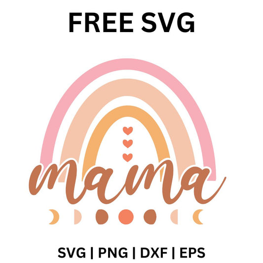 Blush pink and peach boho rainbow with three small hearts above rust Mama script and a row of moon phases below, free mama boho rainbow SVG cut file preview.