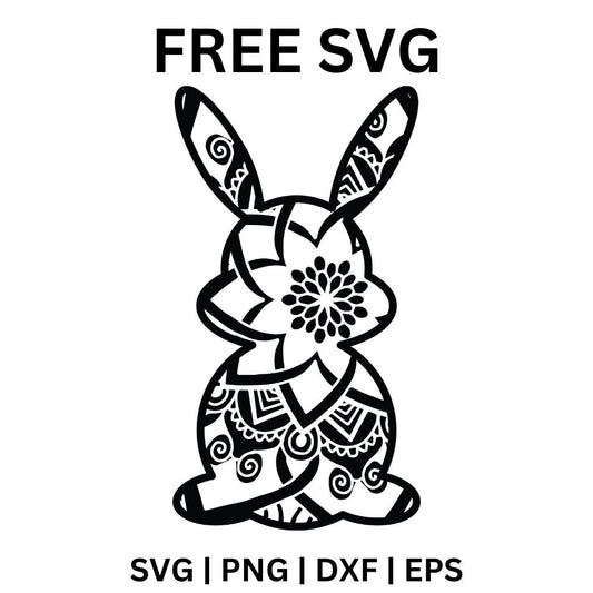 Black line art sitting bunny filled with a mandala flower, swirls and lace patterns, free mandala Easter bunny SVG cut file preview.