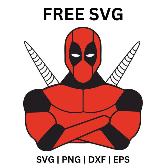 Muscular red and black masked hero with arms crossed and two swords angled behind his shoulders, free masked hero SVG cut file preview.