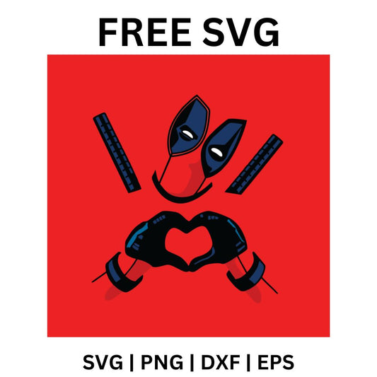Red and black masked hero face peeking over hands making a heart shape on a red square with crossed swords, free masked hero SVG cut file preview.