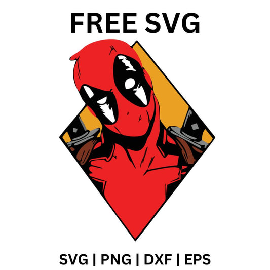 Red and black masked hero tilting his head inside an orange diamond frame with two pistols at his shoulders, free masked hero SVG cut file preview.