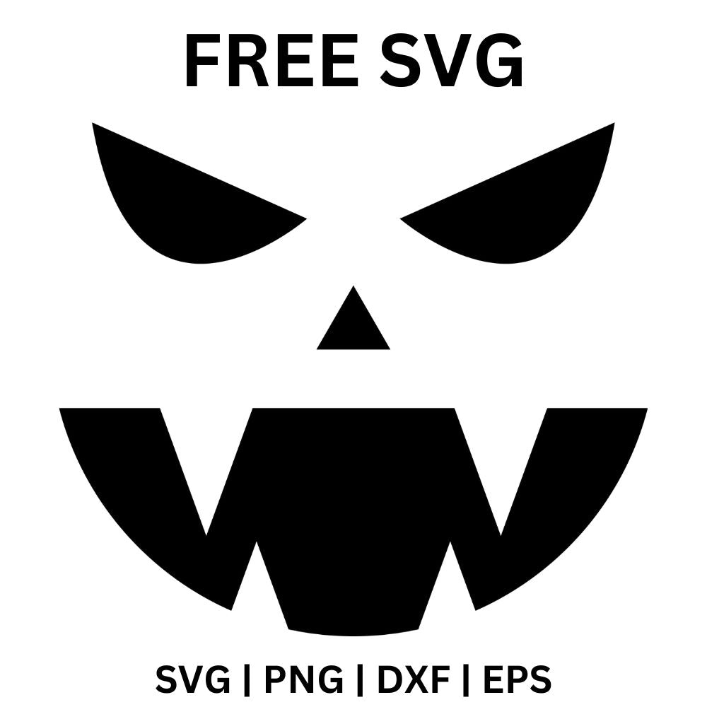 Black mean pumpkin face cutout with curved slanted eyes, a triangle nose and a wide grin with two large pointed fangs, free Halloween pumpkin face SVG cut file preview.