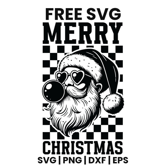 Bold MERRY and CHRISTMAS around a cool Santa in heart sunglasses blowing a bubblegum bubble over a checkered background, black version, free retro Christmas SVG cut file preview.