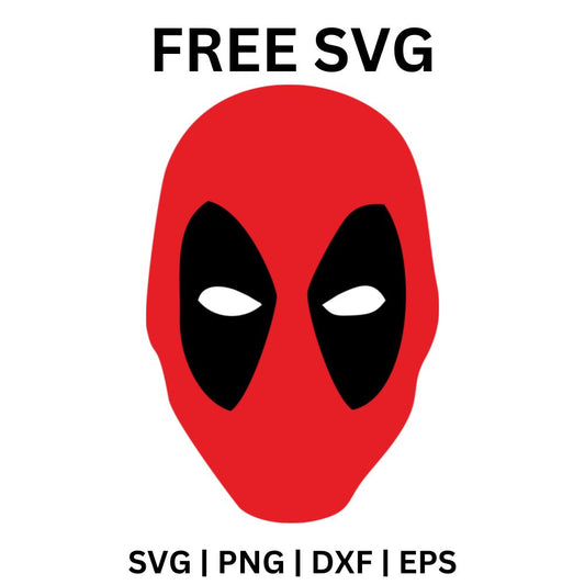 Minimal red hero mask head with black eye patches and white eyes, free hero mask SVG cut file preview.