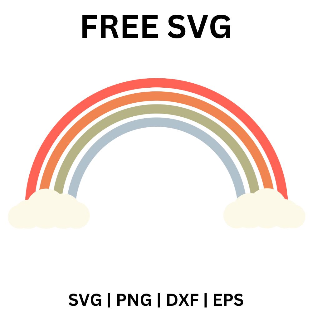 Minimalist thin rainbow with four muted bands in coral, orange, sage and dusty blue ending in two soft cream clouds, free rainbow SVG cut file preview.