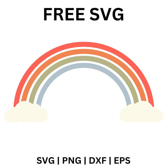 Minimalist thin rainbow with four muted bands in coral, orange, sage and dusty blue ending in two soft cream clouds, free rainbow SVG cut file preview.