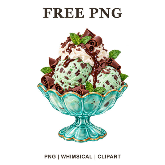 Mint chocolate chip ice cream sundae with mint leaves in a turquoise glass bowl, free PNG