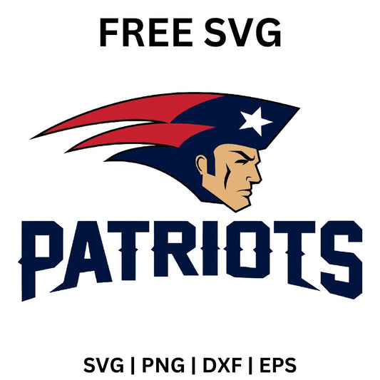 Red, white and blue tricorn hat minuteman profile head above bold navy block team lettering, free minuteman head football SVG cut file preview.