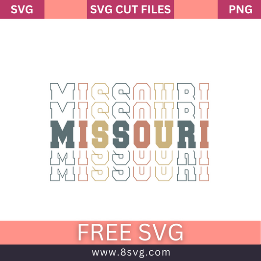Retro stacked MISSOURI outline text in gray, peach and tan with a solid center line, free Missouri stack SVG cut file preview.