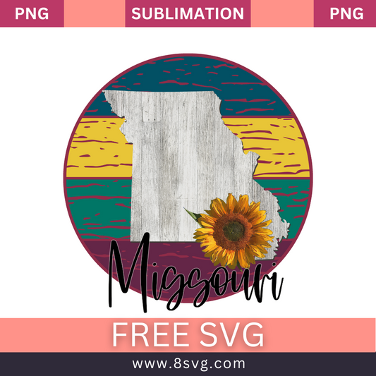 Round Missouri design with a weathered wood state map, a sunflower and yellow, teal and maroon stripes behind black script text, free Missouri sunflower SVG cut file preview.