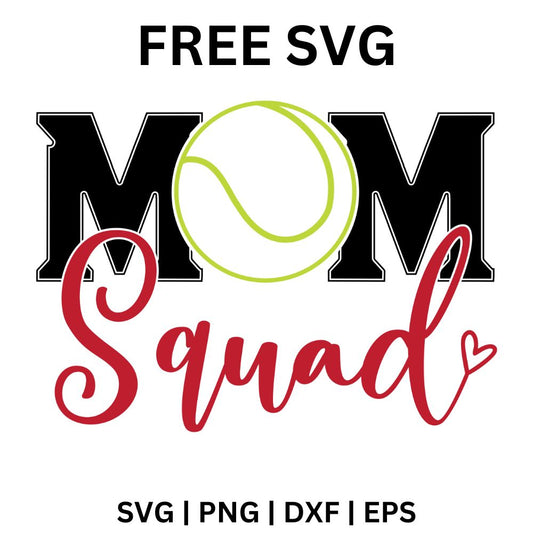 Bold black MOM letters with a green tennis ball as the O above red Squad script with a small heart, free tennis mom squad SVG cut file preview.