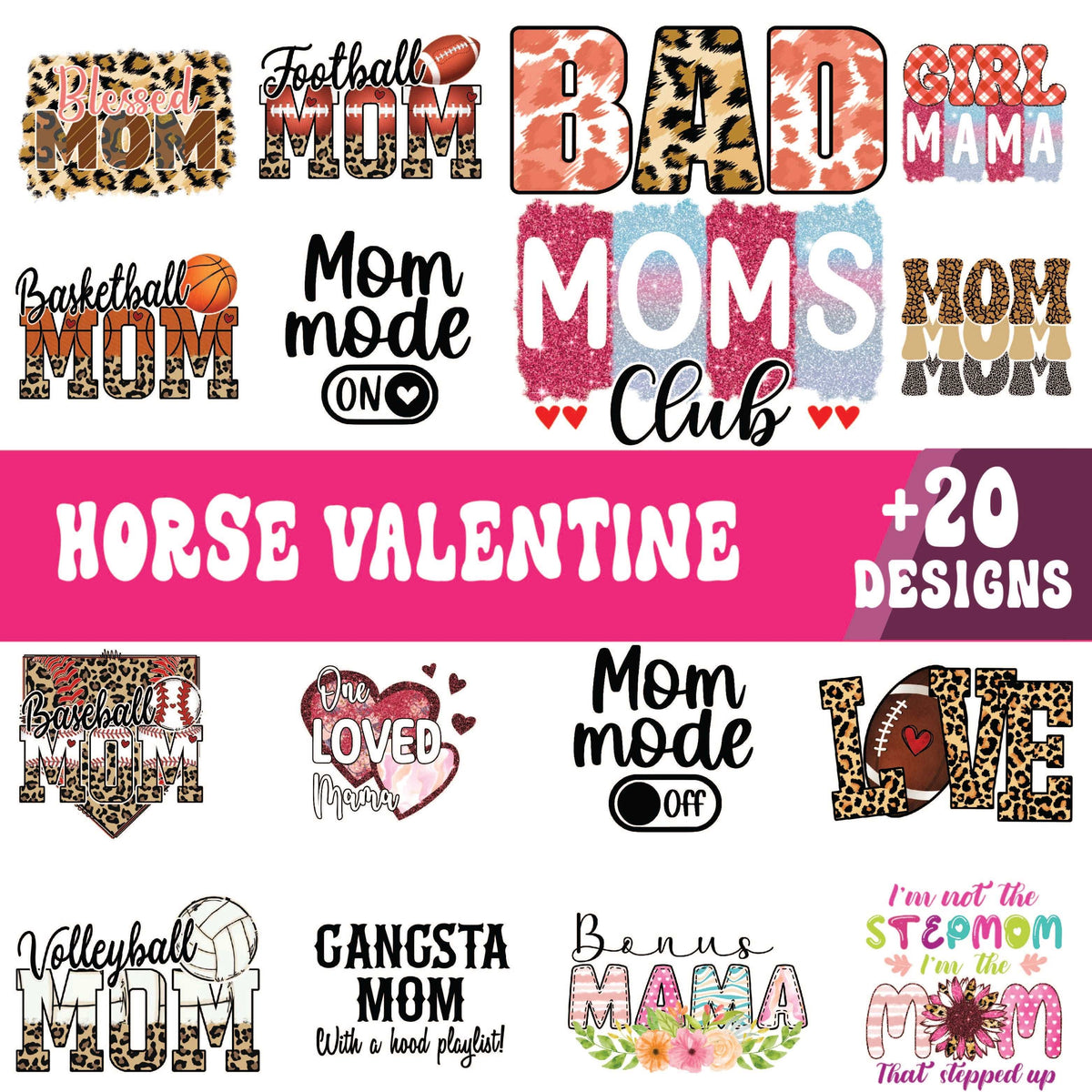 Mom SVG bundle collage with Football Mom, Moms Club, Mom Mode On, Gangsta Mom and Bonus Mama designs