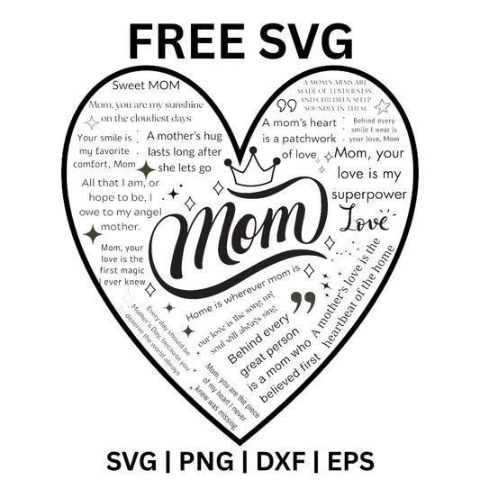 Black heart shaped Mom word art, Mother's Day SVG design preview.