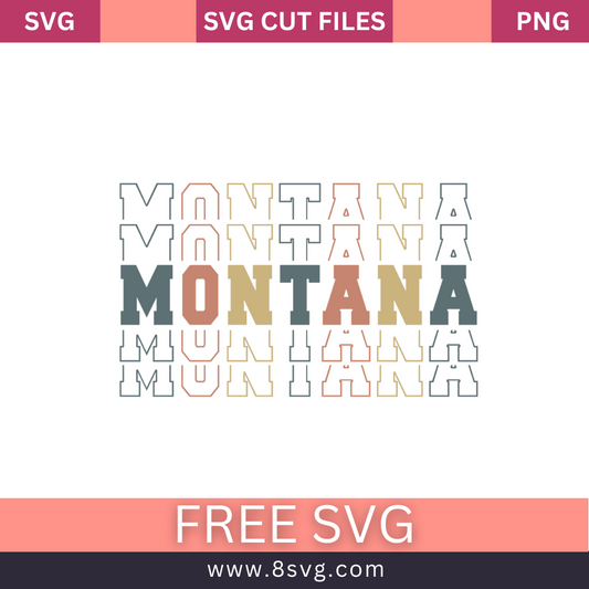 Retro stacked MONTANA outline text in gray, peach and tan with a solid center line, free Montana stack SVG cut file preview.