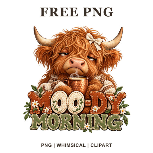Sleepy highland cow with a cream bow holding a coffee mug above Moo-dy Morning orange and green lettering, free highland cow coffee PNG