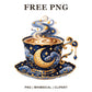 Celestial navy and gold coffee cup with a crescent moon, stars and swirling steam on a matching saucer, free moon coffee PNG