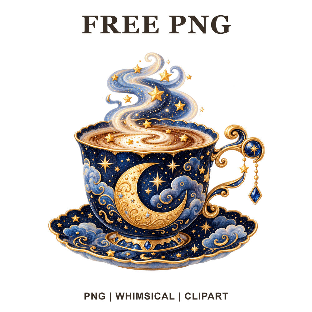 Celestial navy and gold coffee cup with a crescent moon, stars and swirling steam on a matching saucer, free moon coffee PNG