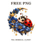Cute ladybug clipart on a crescent moon with blue flowers and gold stars, free whimsical moon garden PNG