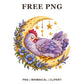 Sleeping purple chicken resting on a golden crescent moon with blue flowers, lavender and hanging gold stars, free PNG