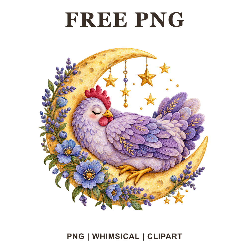 Sleeping purple chicken resting on a golden crescent moon with blue flowers, lavender and hanging gold stars, free PNG