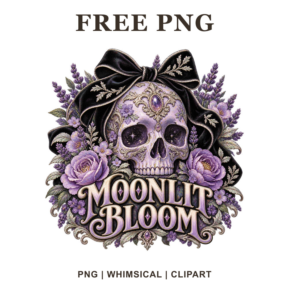 Gothic skull clipart with a black bow, purple roses and lavender above Moonlit Bloom lettering, free PNG