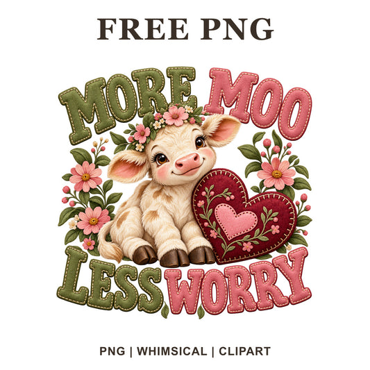 Baby cow with a pink flower crown hugging a red heart between More Moo Less Worry olive green and pink lettering, free cow PNG