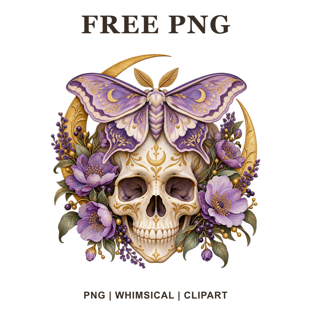 Celestial skull clipart with a purple moth, gold crescent moons and lavender flowers, free mystical moth skull PNG