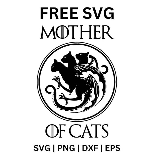Black serif Mother of Cats lettering around a round crest holding three cats with dragon wings and tails, free cat lover crest SVG cut file preview.